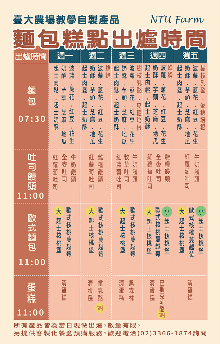 臺大農場麵包糕點出爐時間-適用:農產品展示中心及臺大農場訪客中心